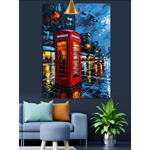 Yağmurlu Kırmızı Telefon Kulubesi Dekoratif Kanvas - Mdf Ahşap Tablo 50x70 cm