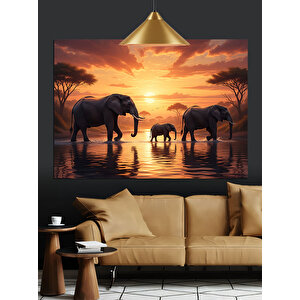 Gün Batımında Yürüyen Filler Dekoratif Kanvas - Mdf Ahşap Tablo 70x100 cm