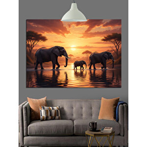 Gün Batımında Yürüyen Filler Dekoratif Kanvas - Mdf Ahşap Tablo 70x100 cm