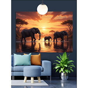 Gün Batımında Yürüyen Filler Dekoratif Kanvas - Mdf Ahşap Tablo