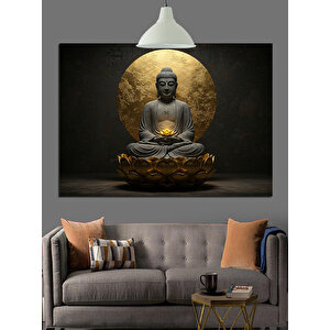 Altın Arka Planlı Meditasyon Buda Dekoratif Kanvas - Mdf Ahşap Tablo 50x70 cm