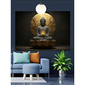 Altın Arka Planlı Meditasyon Buda Dekoratif Kanvas - Mdf Ahşap Tablo 50x70 cm