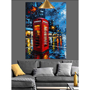 Yağmurlu Kırmızı Telefon Kulubesi Dekoratif Kanvas - Mdf Ahşap Tablo