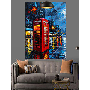 Yağmurlu Kırmızı Telefon Kulubesi Dekoratif Kanvas - Mdf Ahşap Tablo 70x100 cm