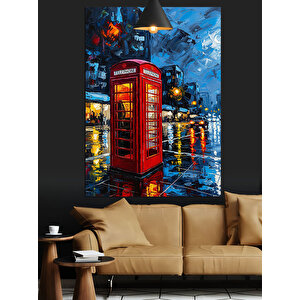 Yağmurlu Kırmızı Telefon Kulubesi Dekoratif Kanvas - Mdf Ahşap Tablo 70x100 cm
