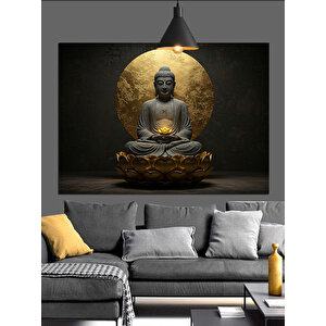 Altın Arka Planlı Meditasyon Buda Dekoratif Kanvas - Mdf Ahşap Tablo