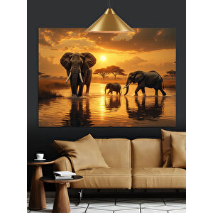 Gün Batımında Yürüyen Filler Dekoratif Kanvas - Mdf Ahşap Tablo 70x100 cm