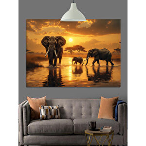 Gün Batımında Yürüyen Filler Dekoratif Kanvas - Mdf Ahşap Tablo 70x100 cm