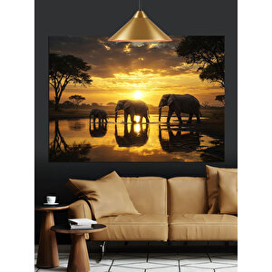 Gün Batımında Yürüyen Filler Dekoratif Kanvas - Mdf Ahşap Tablo 50x70 cm