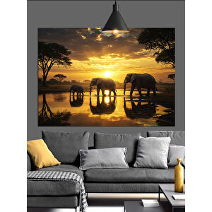 Gün Batımında Yürüyen Filler Dekoratif Kanvas - Mdf Ahşap Tablo 50x70 cm