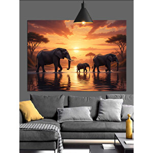 Gün Batımında Yürüyen Filler Dekoratif Kanvas - Mdf Ahşap Tablo 50x70 cm