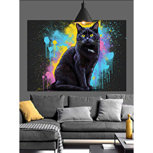 Renkli Arka Planlı Siyah Kedi Dekoratif Kanvas - Mdf Ahşap Tablo