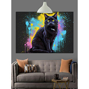 Renkli Arka Planlı Siyah Kedi Dekoratif Kanvas - Mdf Ahşap Tablo