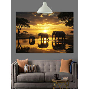 Gün Batımında Yürüyen Filler Dekoratif Kanvas - Mdf Ahşap Tablo 70x100 cm