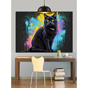 Renkli Arka Planlı Siyah Kedi Dekoratif Kanvas - Mdf Ahşap Tablo 50x70 cm