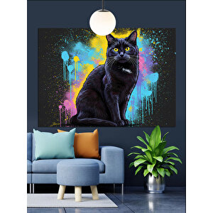Renkli Arka Planlı Siyah Kedi Dekoratif Kanvas - Mdf Ahşap Tablo 50x70 cm