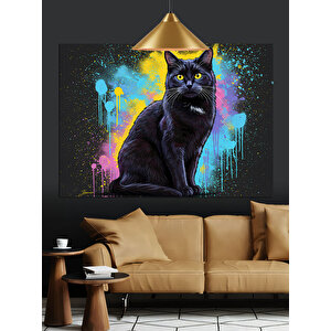 Renkli Arka Planlı Siyah Kedi Dekoratif Kanvas - Mdf Ahşap Tablo 50x70 cm