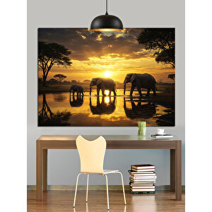 Gün Batımında Yürüyen Filler Dekoratif Kanvas - Mdf Ahşap Tablo
