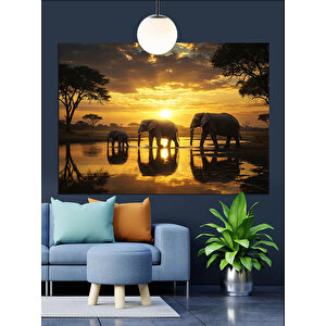 Gün Batımında Yürüyen Filler Dekoratif Kanvas - Mdf Ahşap Tablo