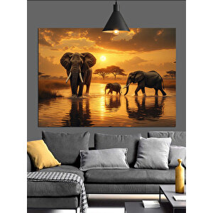 Gün Batımında Yürüyen Filler Dekoratif Kanvas - Mdf Ahşap Tablo 50x70 cm