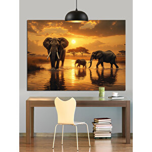 Gün Batımında Yürüyen Filler Dekoratif Kanvas - Mdf Ahşap Tablo