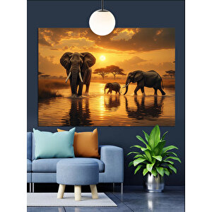 Gün Batımında Yürüyen Filler Dekoratif Kanvas - Mdf Ahşap Tablo