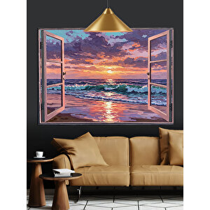 Pencereden Görünen Gün Batımı Dekoratif Kanvas - Mdf Ahşap Tablo 70x100 cm