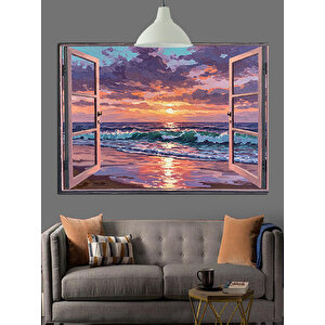 Pencereden Görünen Gün Batımı Dekoratif Kanvas - Mdf Ahşap Tablo