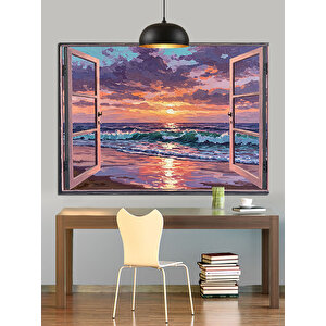 Pencereden Görünen Gün Batımı Dekoratif Kanvas - Mdf Ahşap Tablo
