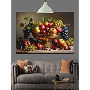 Meyvelerle Dolu Sofra Sepeti Dekoratif Kanvas - Mdf Ahşap Tablo 50x70 cm