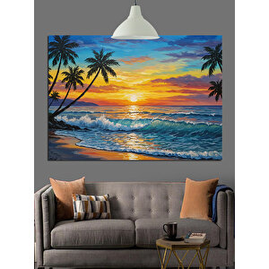 Gün Batımında Tropik Sahil Dekoratif Kanvas - Mdf Ahşap Tablo 70x100 cm