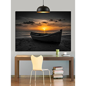 Gün Batımında Eski Kayık Dekoratif Kanvas - Mdf Ahşap Tablo