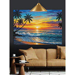 Gün Batımında Tropik Sahil Dekoratif Kanvas - Mdf Ahşap Tablo
