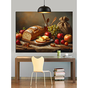 Meyve Ve Ekmek Sofrası Dekoratif Kanvas - Mdf Ahşap Tablo 70x100 cm