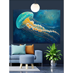 Mavi Arka Planlı Denizanası Dekoratif Kanvas - Mdf Ahşap Tablo 50x70 cm