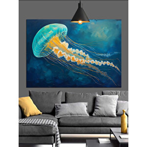 Mavi Arka Planlı Denizanası Dekoratif Kanvas - Mdf Ahşap Tablo 50x70 cm