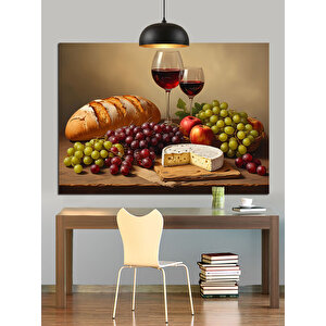 Şarap Ve Meyve Sofrası Dekoratif Kanvas - Mdf Ahşap Tablo 70x100 cm