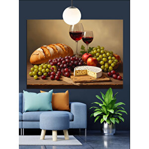 Şarap Ve Meyve Sofrası Dekoratif Kanvas - Mdf Ahşap Tablo 70x100 cm