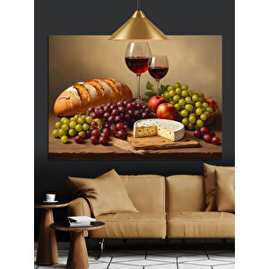 Şarap Ve Meyve Sofrası Dekoratif Kanvas - Mdf Ahşap Tablo 70x100 cm