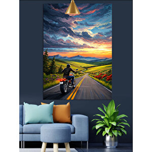 Yolda Motosikletçi Gün Batımı Dekoratif Kanvas - Mdf Ahşap Tablo 35x50 cm