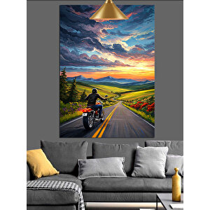 Yolda Motosikletçi Gün Batımı Dekoratif Kanvas - Mdf Ahşap Tablo