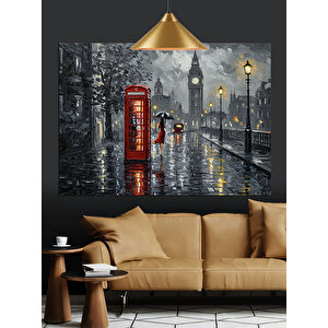 Yağmurlu Londra Telefon Kulübesi Dekoratif Kanvas - Mdf Ahşap Tablo