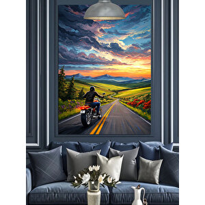 Yolda Motosikletçi Gün Batımı Dekoratif Kanvas - Mdf Ahşap Tablo