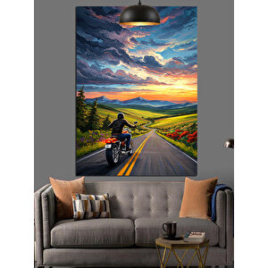 Yolda Motosikletçi Gün Batımı Dekoratif Kanvas - Mdf Ahşap Tablo 50x70 cm