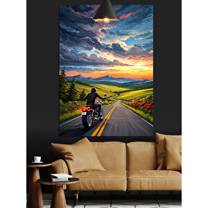 Yolda Motosikletçi Gün Batımı Dekoratif Kanvas - Mdf Ahşap Tablo 50x70 cm