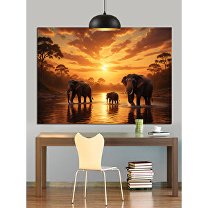 Gün Batımında Yürüyen Filler Dekoratif Kanvas - Mdf Ahşap Tablo 50x70 cm