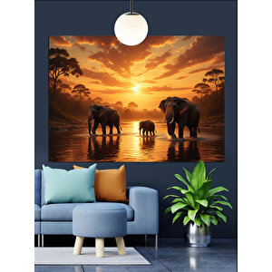 Gün Batımında Yürüyen Filler Dekoratif Kanvas - Mdf Ahşap Tablo 50x70 cm