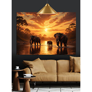 Gün Batımında Yürüyen Filler Dekoratif Kanvas - Mdf Ahşap Tablo 50x70 cm