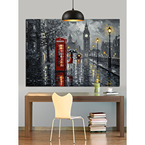 Yağmurlu Londra Telefon Kulübesi Dekoratif Kanvas - Mdf Ahşap Tablo 70x100 cm