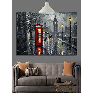 Yağmurlu Londra Telefon Kulübesi Dekoratif Kanvas - Mdf Ahşap Tablo 25x35 cm